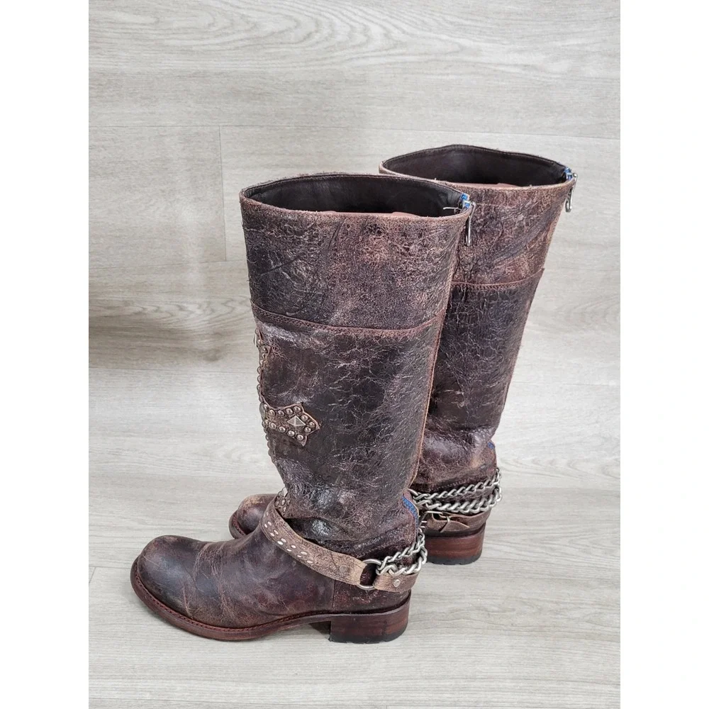 Vintage SENDRA Knee High Western Leather Belted With Big Cross Boots 9.5